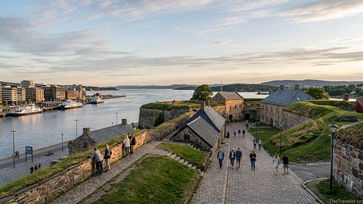 Akershus Fortress overlooking Oslo harbor at golden hour with people walking along the ramparts.
