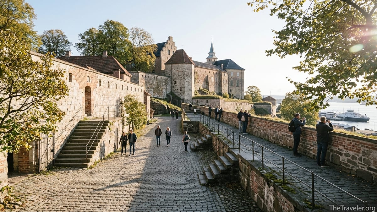 Visitors walking along the ramparts of Akershus Fortress overlooking Oslofjord at sunset