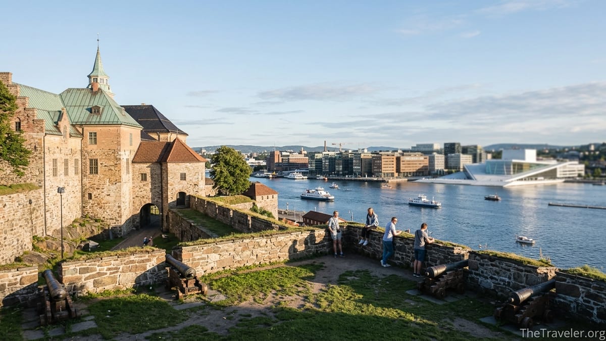 View from Akershus Fortress ramparts over Oslo harbor and Oslofjord on a clear summer afternoon.
