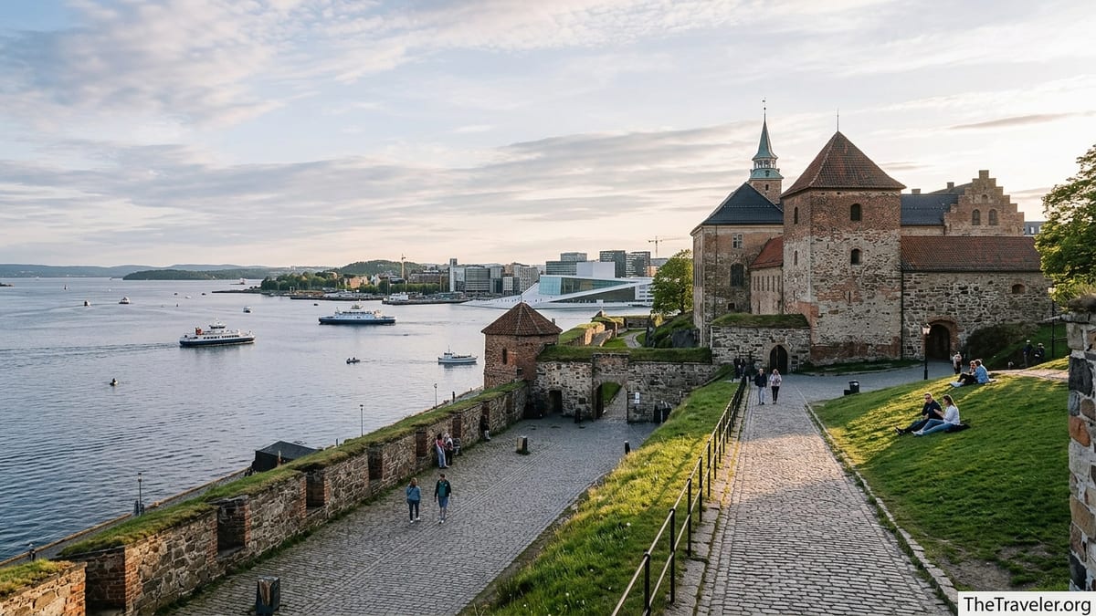Akershus Fortress overlooking Oslofjord with visitors walking along the ramparts on a clear evening.