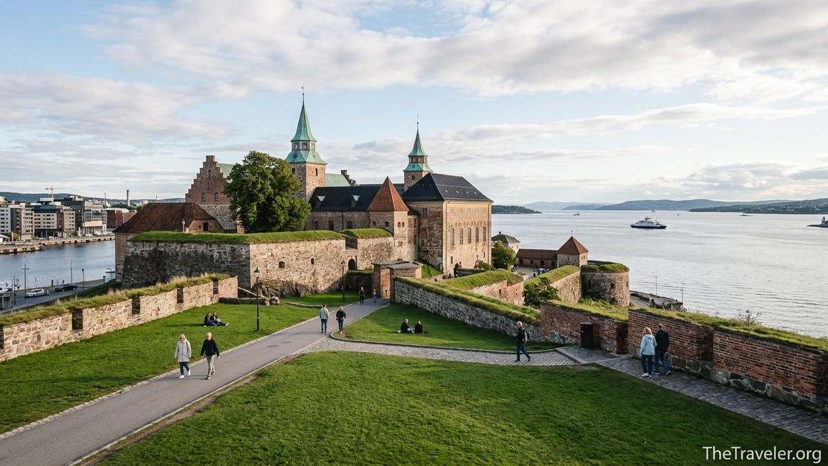 Akershus Fortress above Oslo harbor on a sunny day with people walking the ramparts.