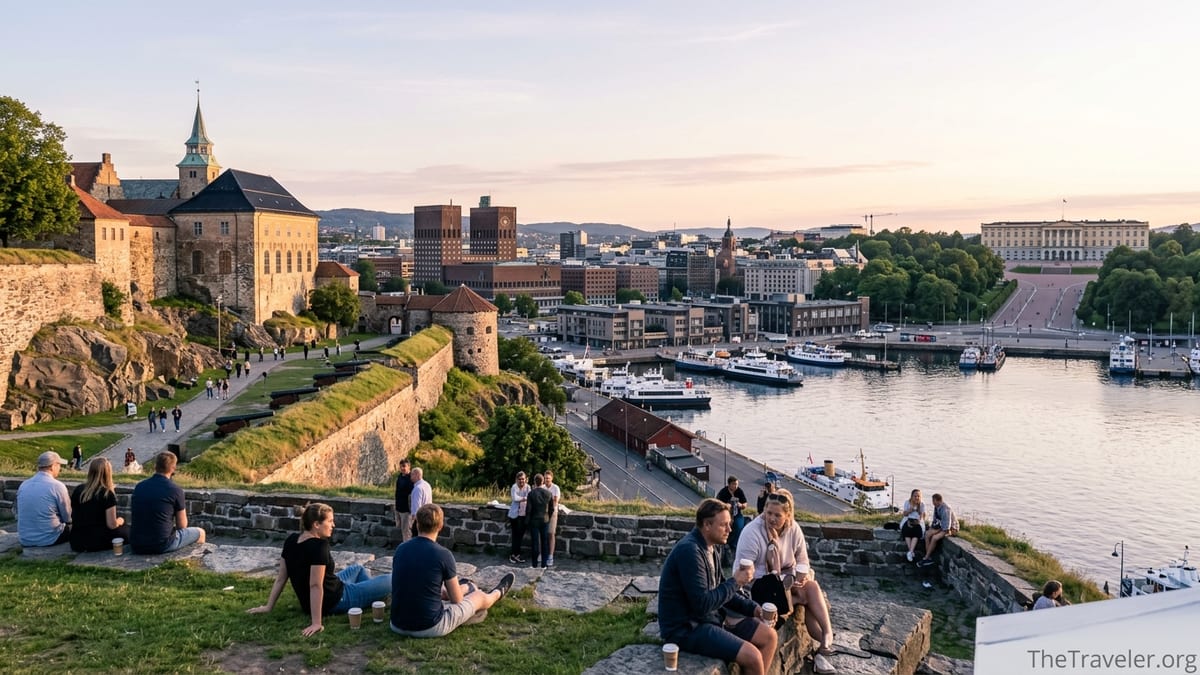 Akershus Fortress above Oslo harbor with the Royal Palace visible in the city distance at sunset.