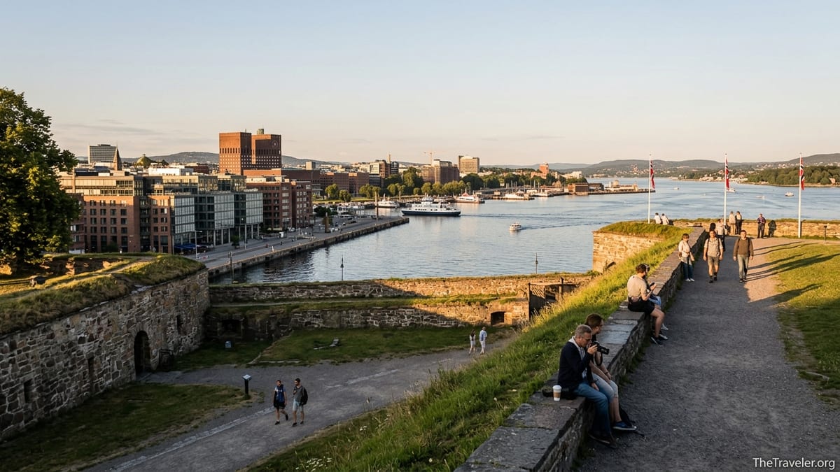 View from Akershus Fortress ramparts over Oslo harbor in soft evening light.