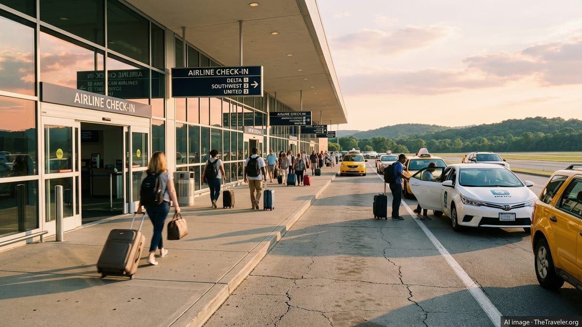 Travelers at Birmingham Shuttlesworth International Airport curbside check in on a sunny afternoon.