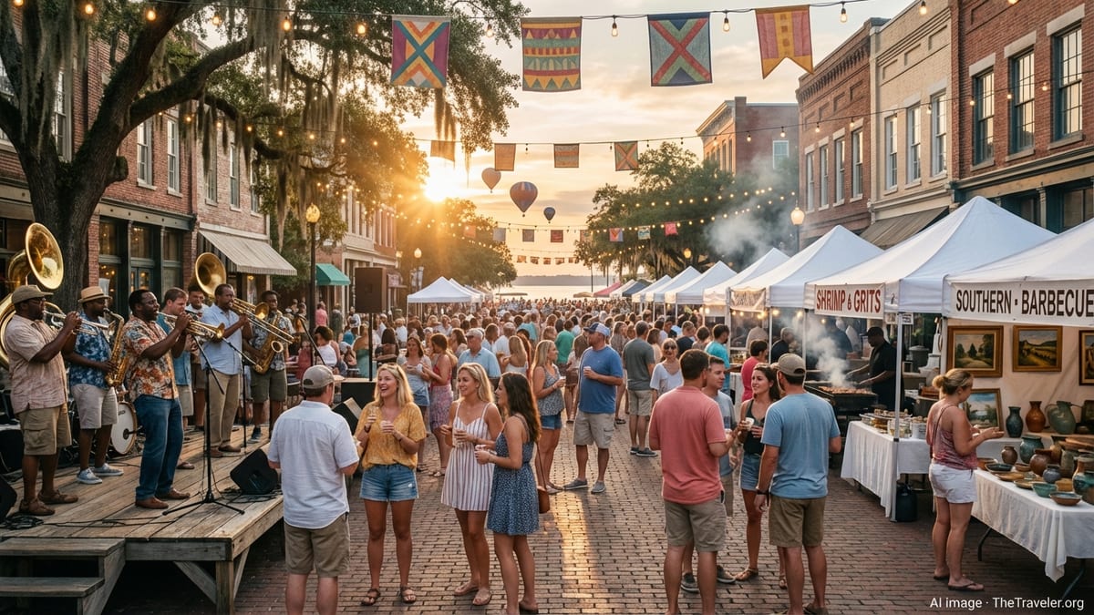 Crowds enjoying an Alabama downtown street festival at sunset with music, vendors, and balloons.