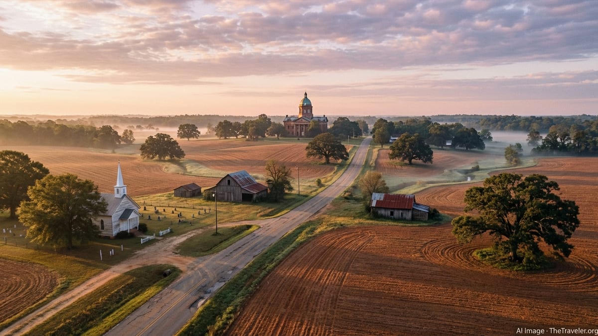 Sunrise over Alabama countryside with red-clay fields, oaks, and a distant historic courthouse.
