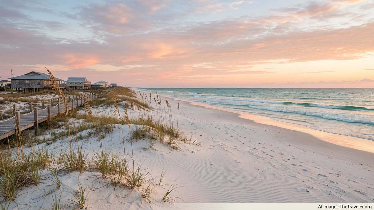 Quiet sunrise over white-sand beach and dunes on Alabama’s Gulf Coast.