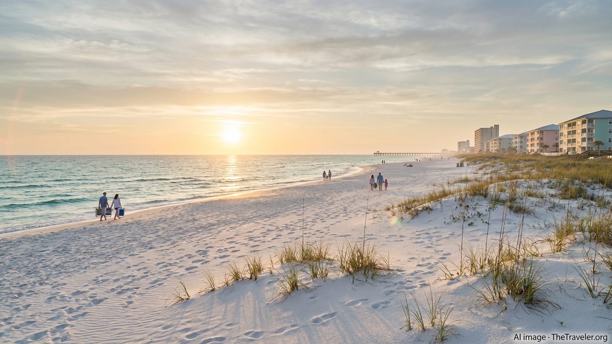 Sunrise over Alabama’s Gulf Coast with white sand beach, dunes and calm waves.