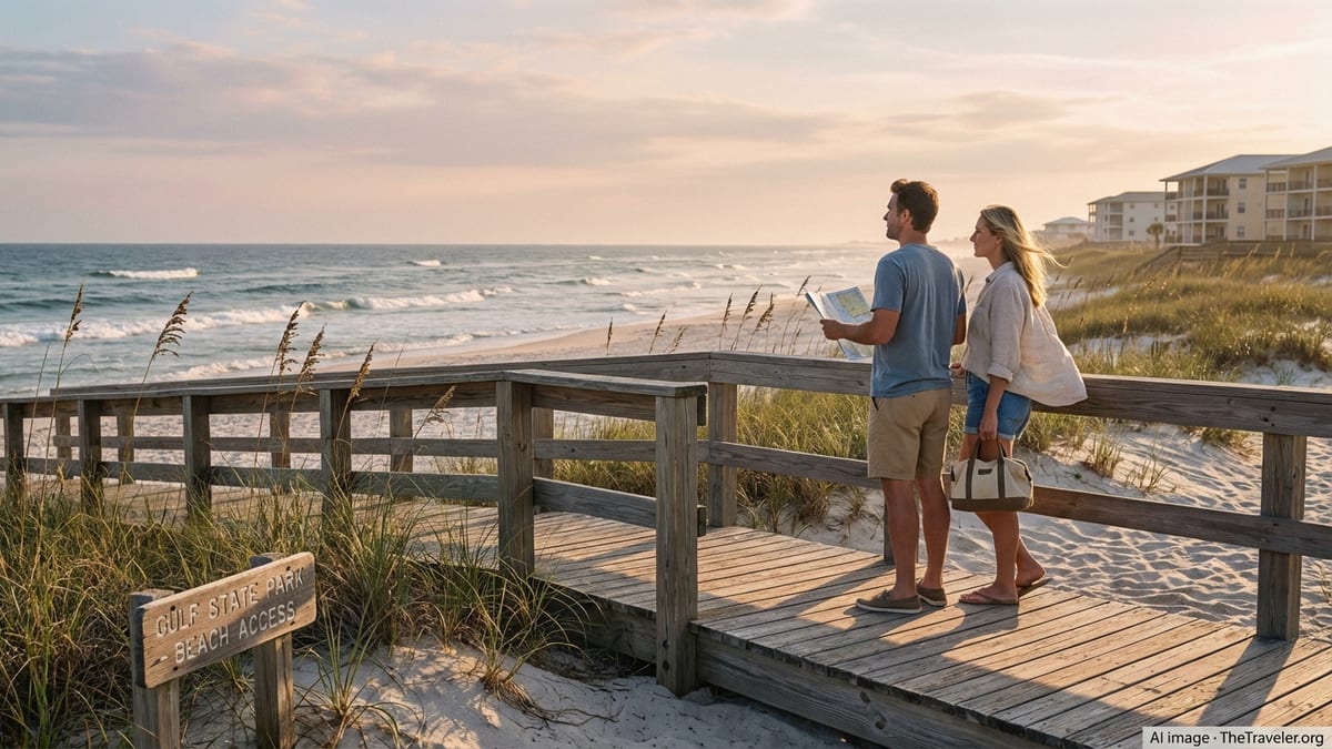 Couple on a wooden boardwalk overlooking an Alabama Gulf Coast beach at sunset.