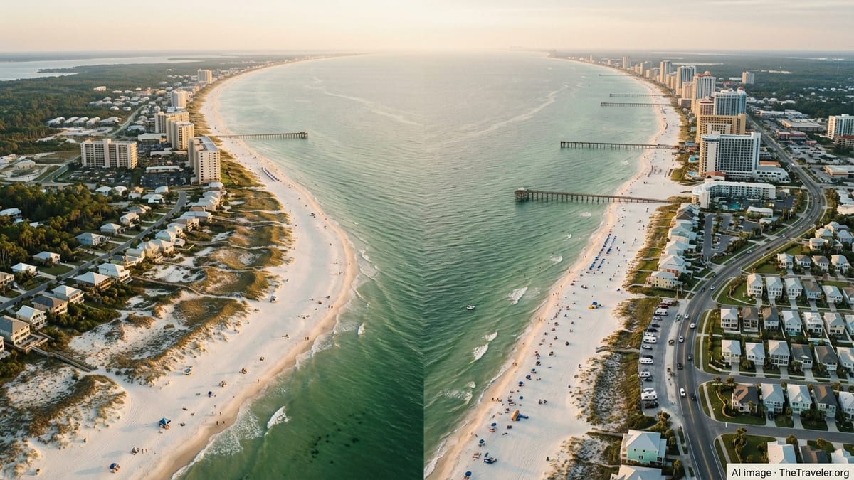 Aerial view of Alabama’s Gulf Coast blending into Florida’s Panhandle with white sand and emerald Gulf waters at sunset.