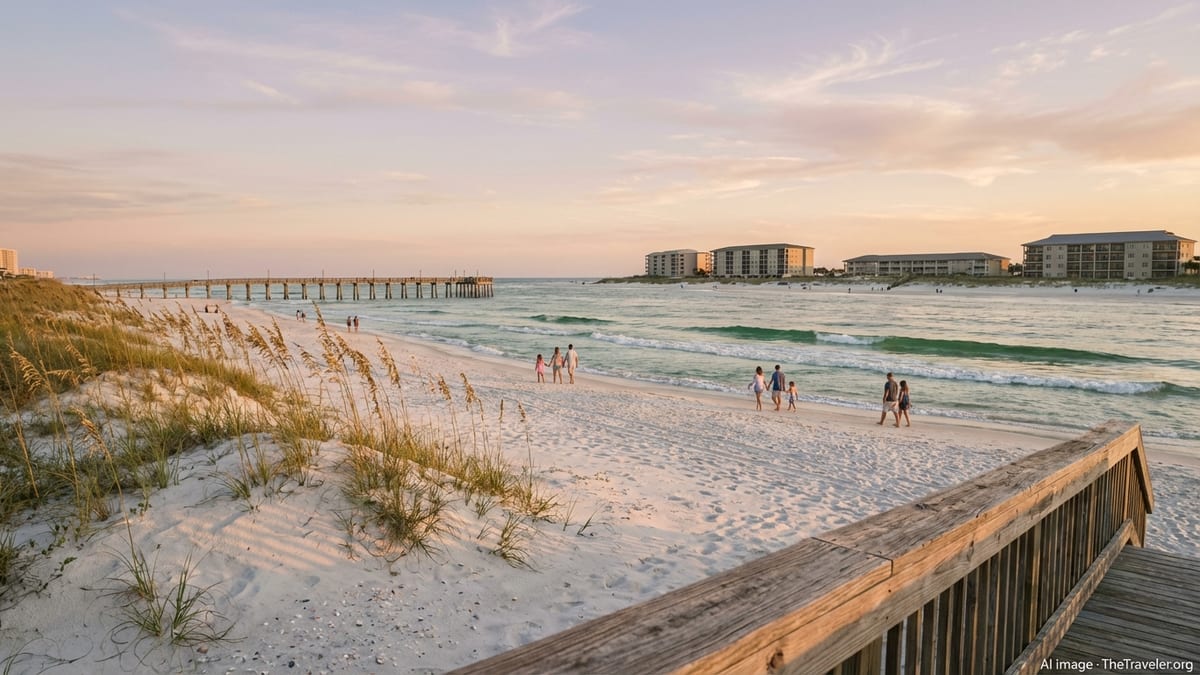 Golden-hour view of Gulf Shores beach in Alabama with dunes, boardwalk, and gentle Gulf waves.