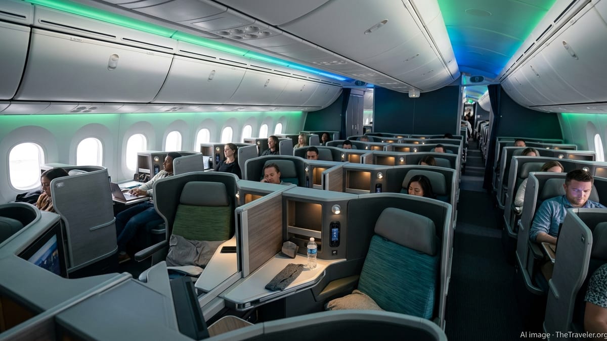 Alaska Airlines Boeing 787 business-class cabin with 1-2-1 lie-flat suites and soft emerald-blue mood lighting.