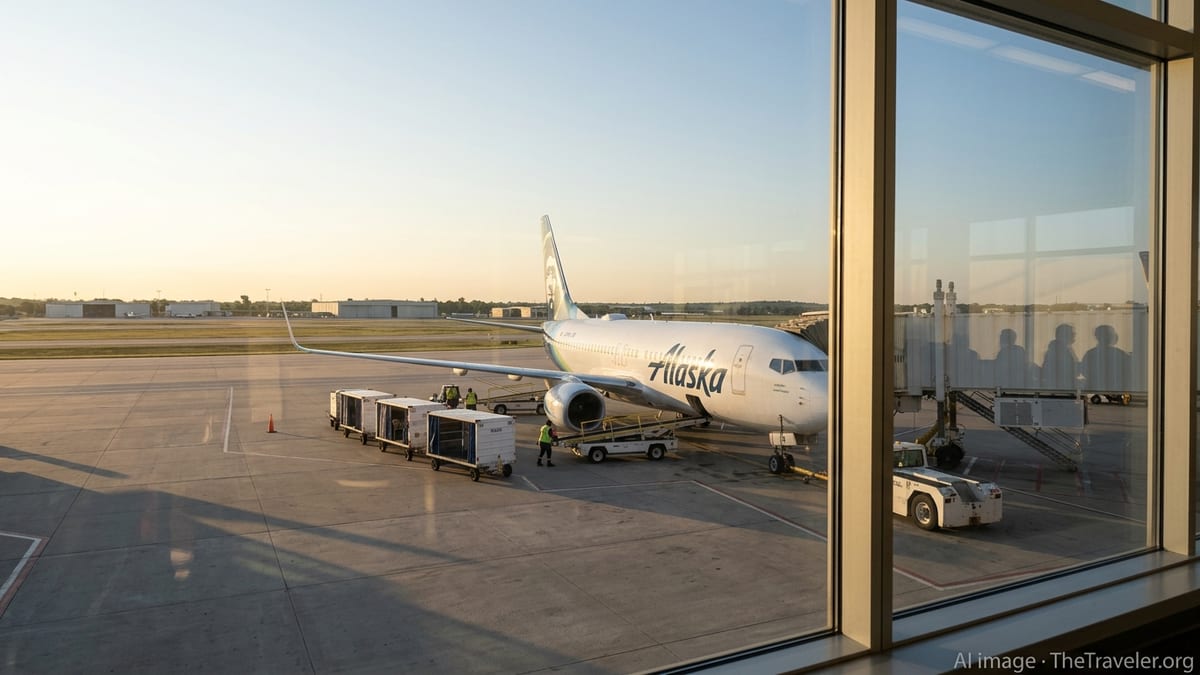 Alaska Airlines jet at a Tulsa International Airport gate at sunrise.