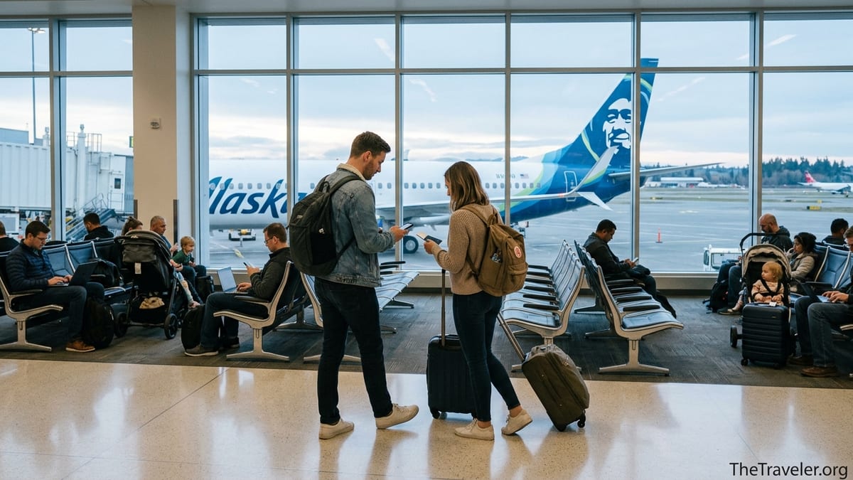 Travelers at Seattle airport with an Alaska Airlines plane outside the window.