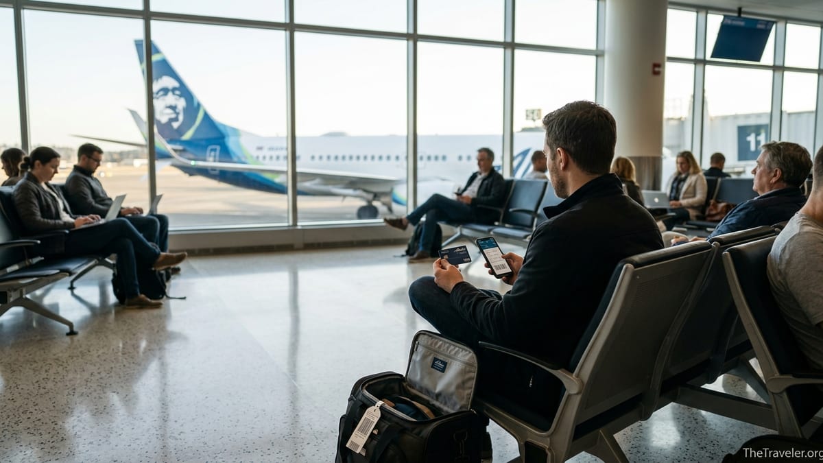 Traveler holding an Alaska Airlines Visa Signature card at a Seattle airport gate with an Alaska plane outside.