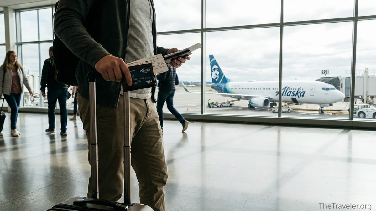 Traveler holding Alaska Airlines credit card at airport window with Alaska jet outside