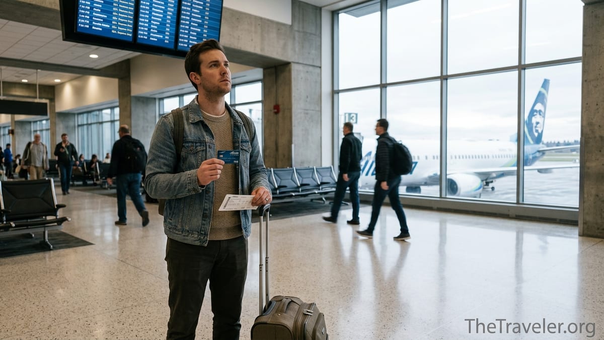 Traveler holding an Alaska Airlines credit card at a Seattle airport gate, plane in background.