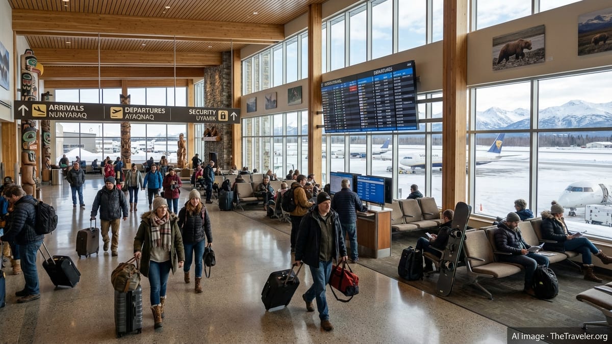 Travelers inside Anchorage airport with snowy runway and mountains visible through large windows.