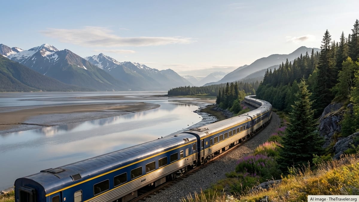 Alaska Railroad Coastal Classic train curving along Turnagain Arm with mountains and tidal flats.