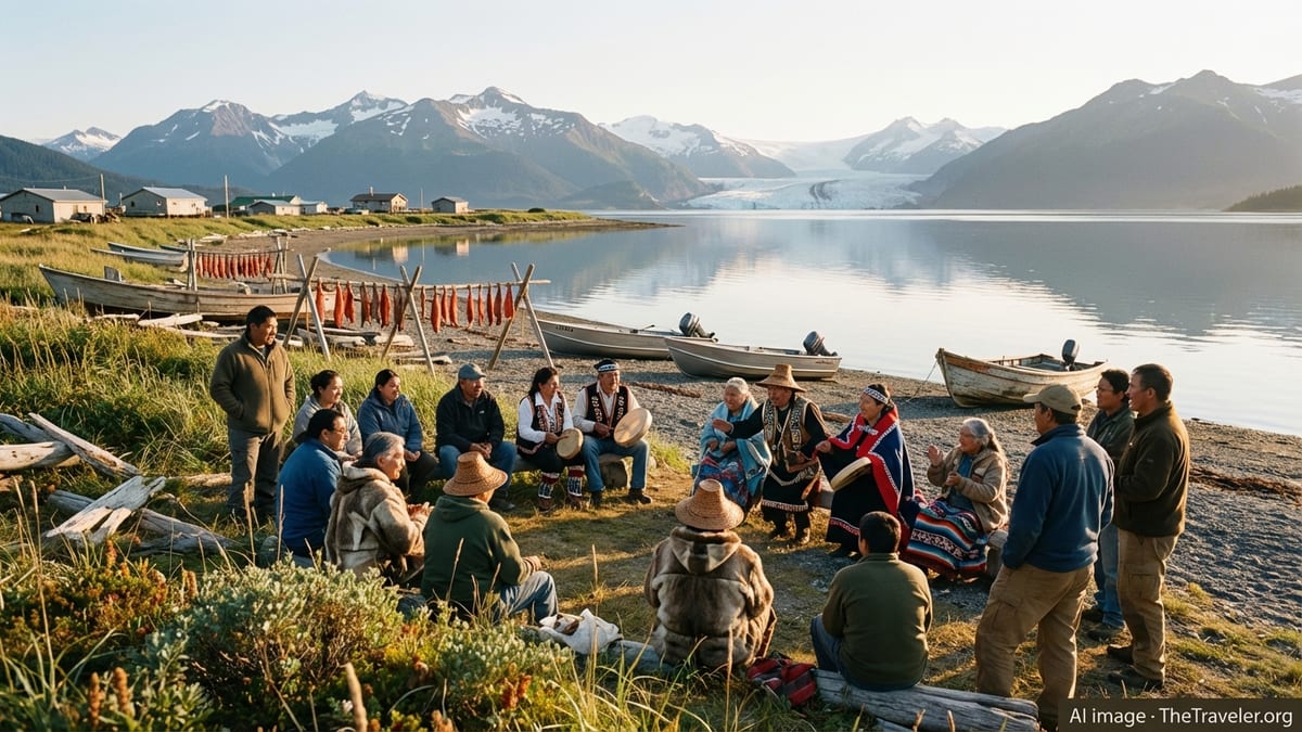 Alaska Native elders and youth in regalia and everyday clothes gather by a coastal village at sunset with mountains and bay.