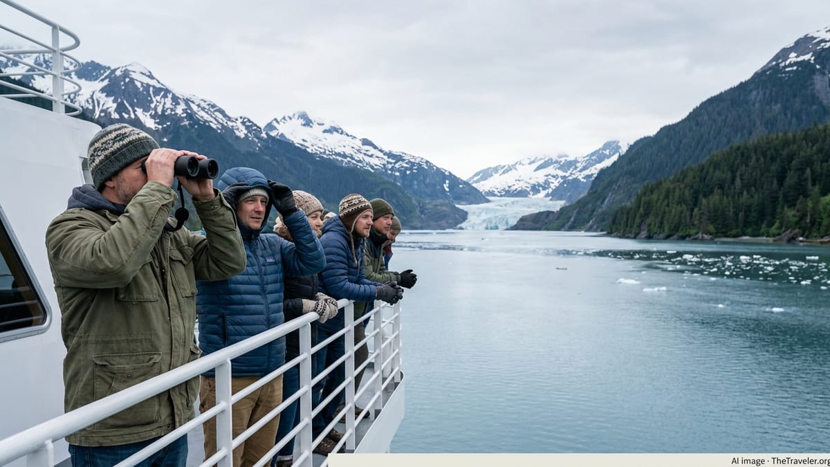 Travelers in jackets on a ship deck gaze at Alaska mountains and glacier across calm water.