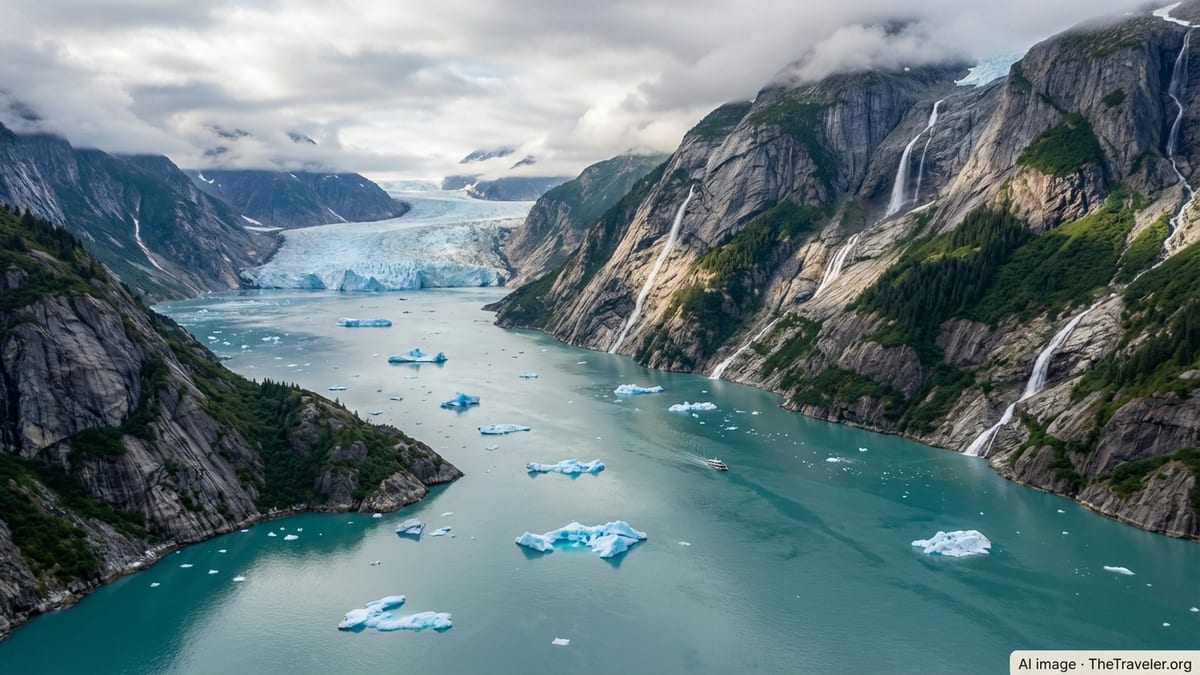 Narrow Alaskan glacier fjord with blue icebergs and steep granite walls under soft summer light.