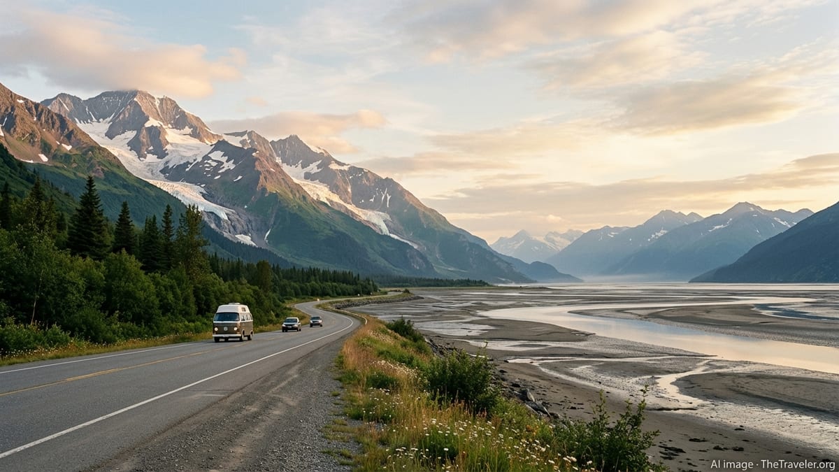 Alaska coastal highway along Turnagain Arm with mountains, glaciers, and tidal flats at sunset.