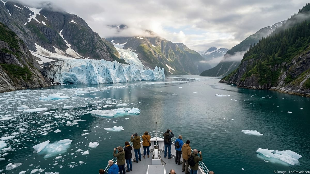 Small tour boat approaches a tidewater glacier in an Alaskan fjord under soft summer light.