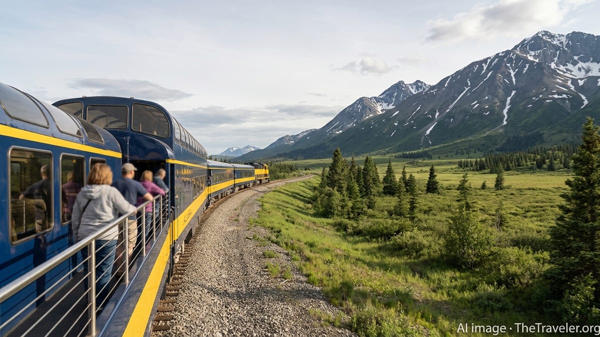 Alaska Railroad train curving through tundra toward snow capped mountains near Denali in soft evening light.