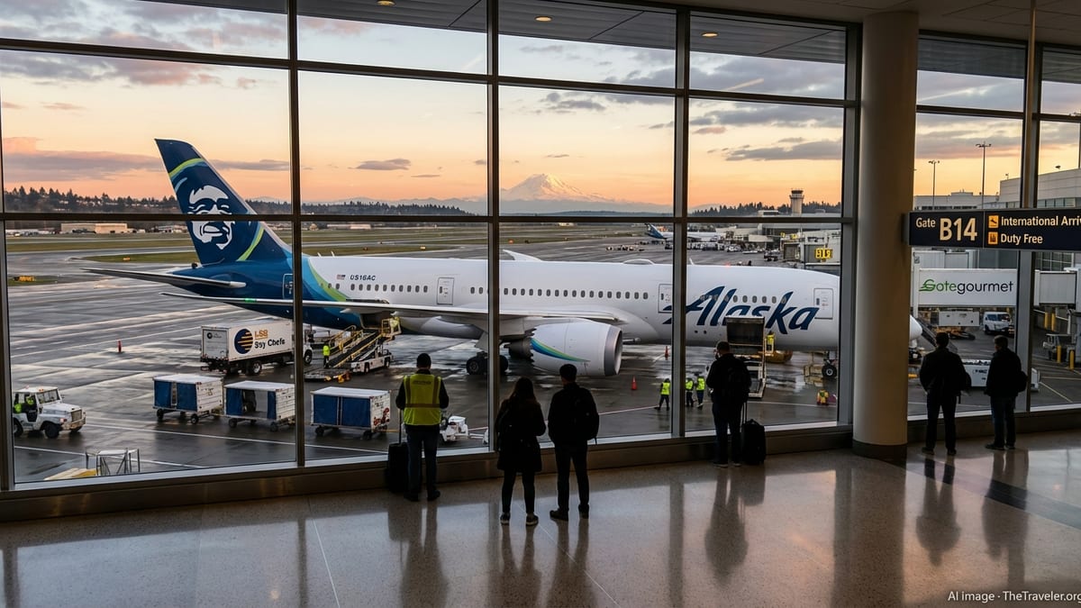 Alaska Airlines Boeing 787-9 at a Seattle gate at sunset with Mount Rainier in the background.