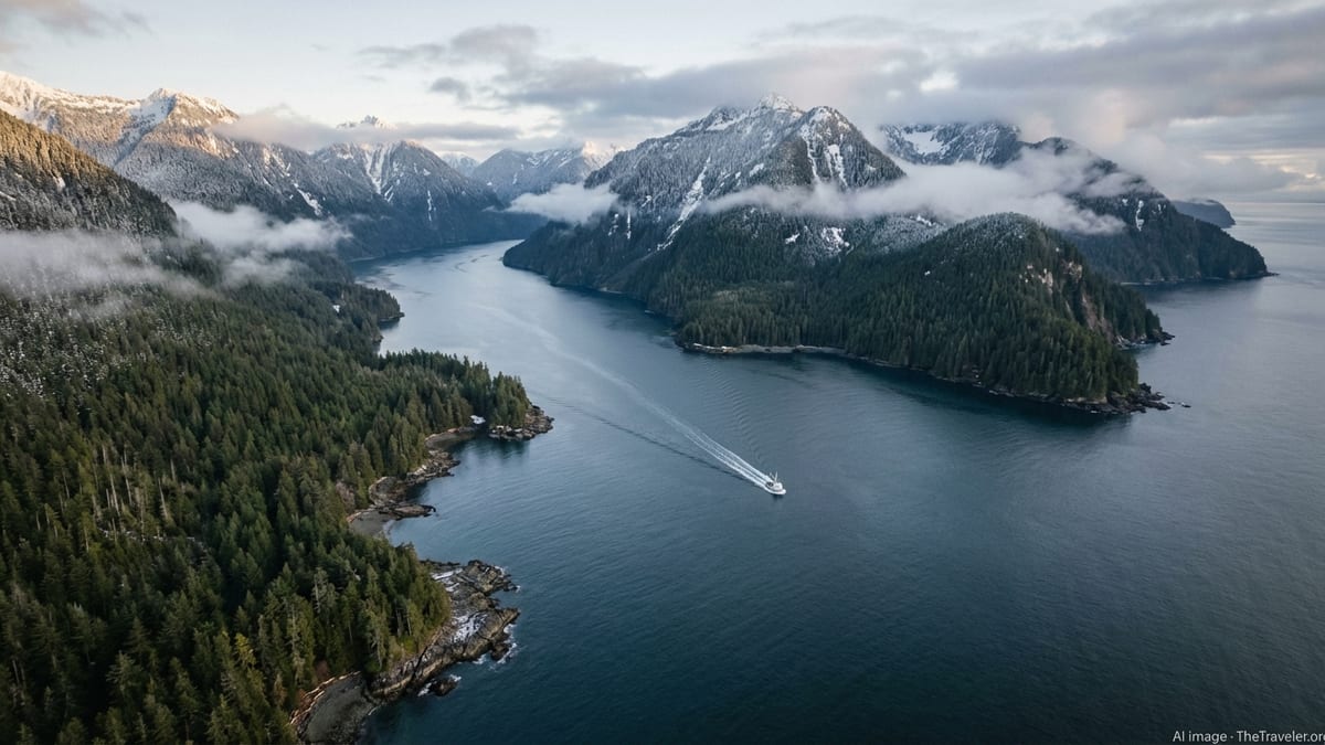 A deep blue fjord between forested, snow-dusted mountains with a lone boat leaving a wake.