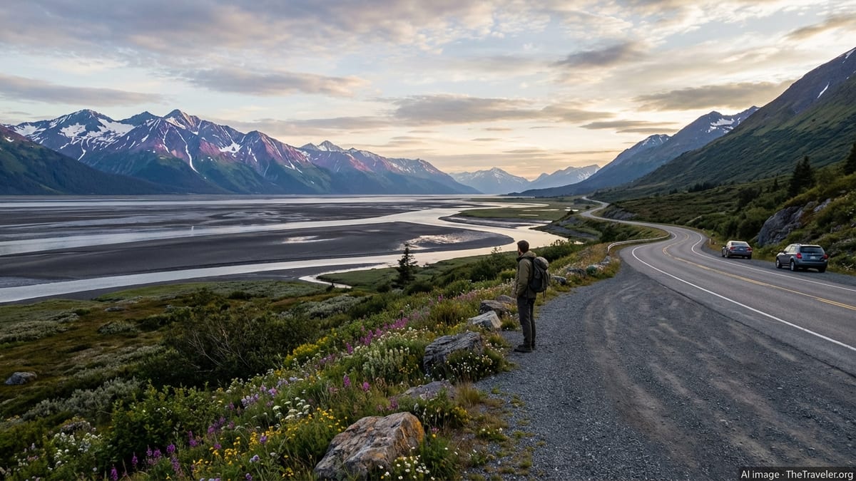 Traveler overlooking Alaska’s Turnagain Arm and mountains from a roadside viewpoint in soft summer light.