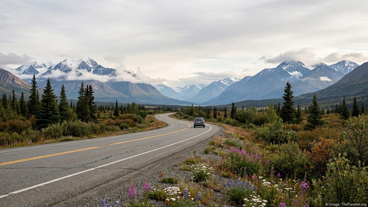 Summer highway in an Alaskan valley curving toward distant snow capped mountains under a soft overcast sky.