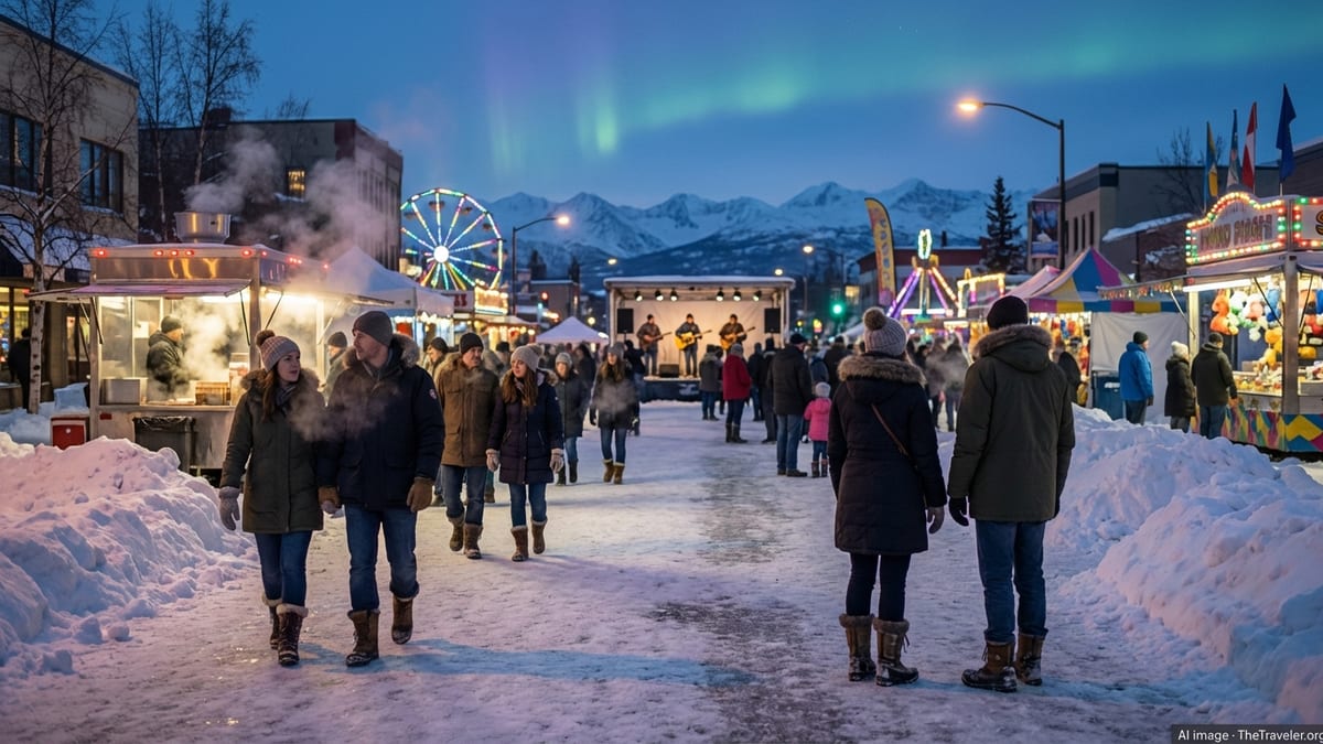 Crowds in winter clothing walking through a snowy downtown Alaska festival at dusk with lights and mountains beyond.