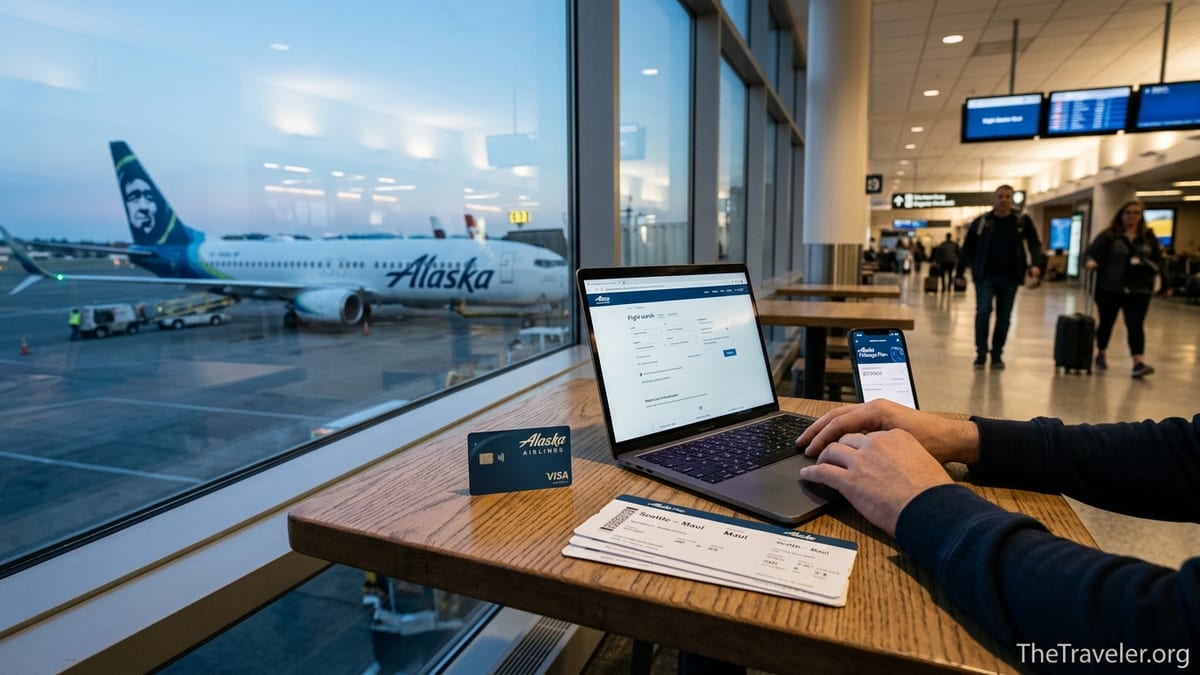 Traveler at an airport café using an Alaska Airlines Visa card with an Alaska jet at the gate outside.