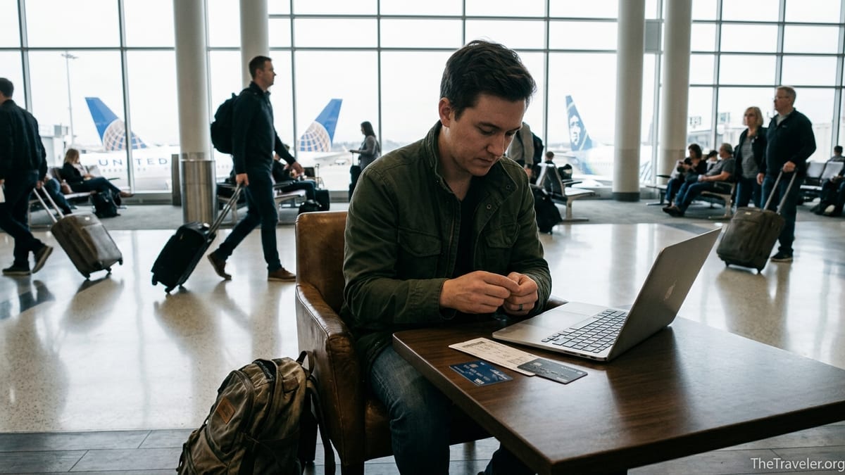 Traveler in an airport terminal comparing two airline credit cards near large windows with planes outside.