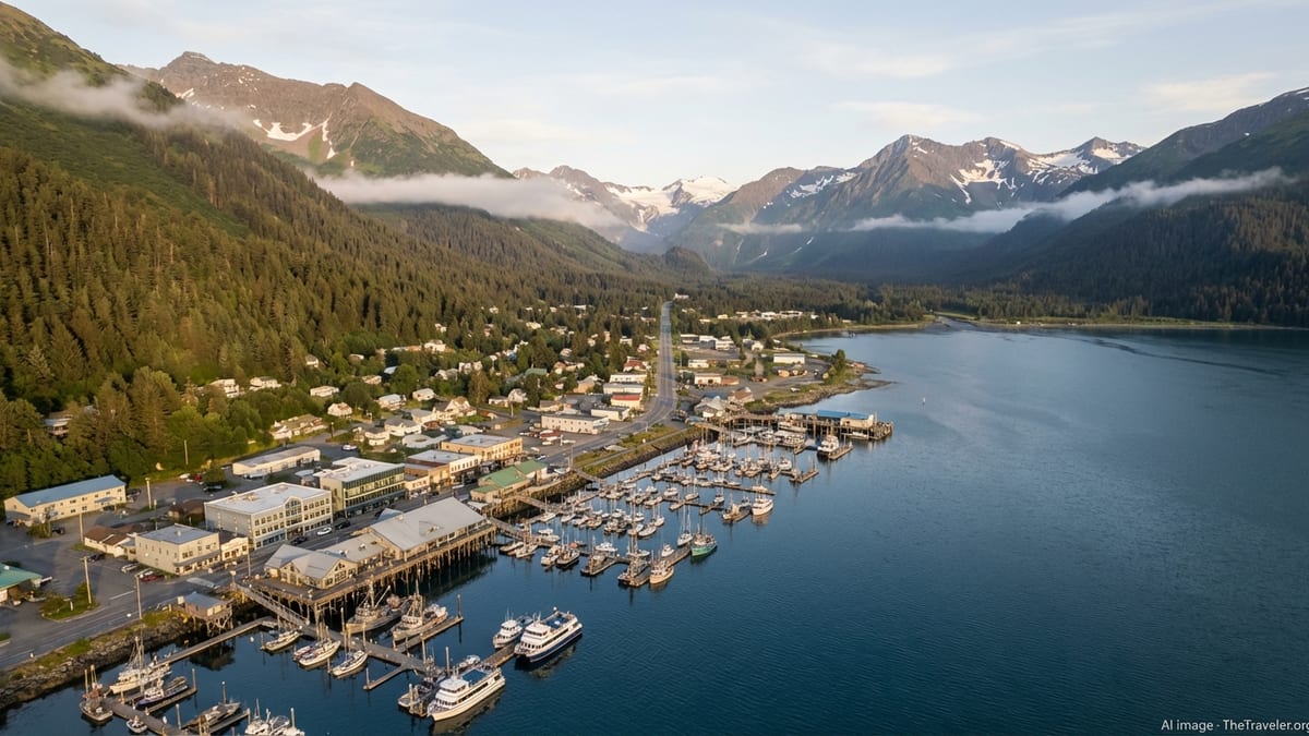 A small Alaska harbor town sits between steep green mountains and a deep blue fjord at summer sunset.