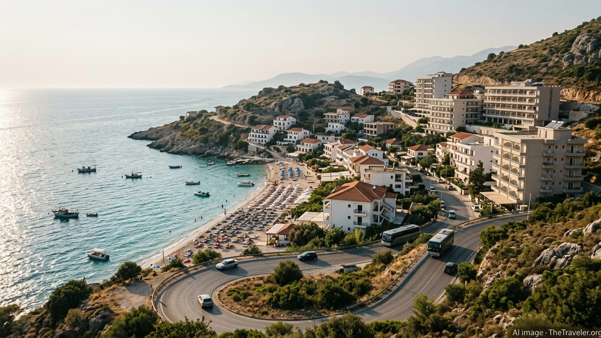 Albanian Riviera town with crowded beach, clear sea, and new hotels at sunset