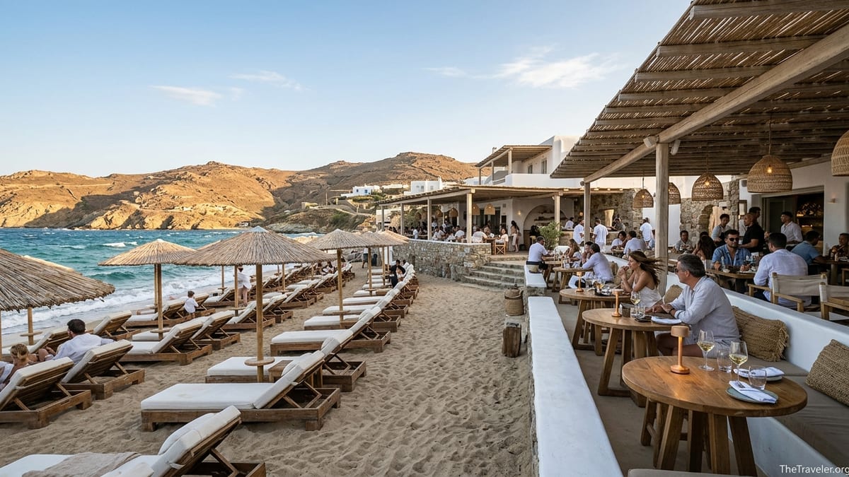 Alemagou beach club on windy Ftelia Bay in Mykonos at sunset with bohemian sunbeds and rustic Cycladic design.