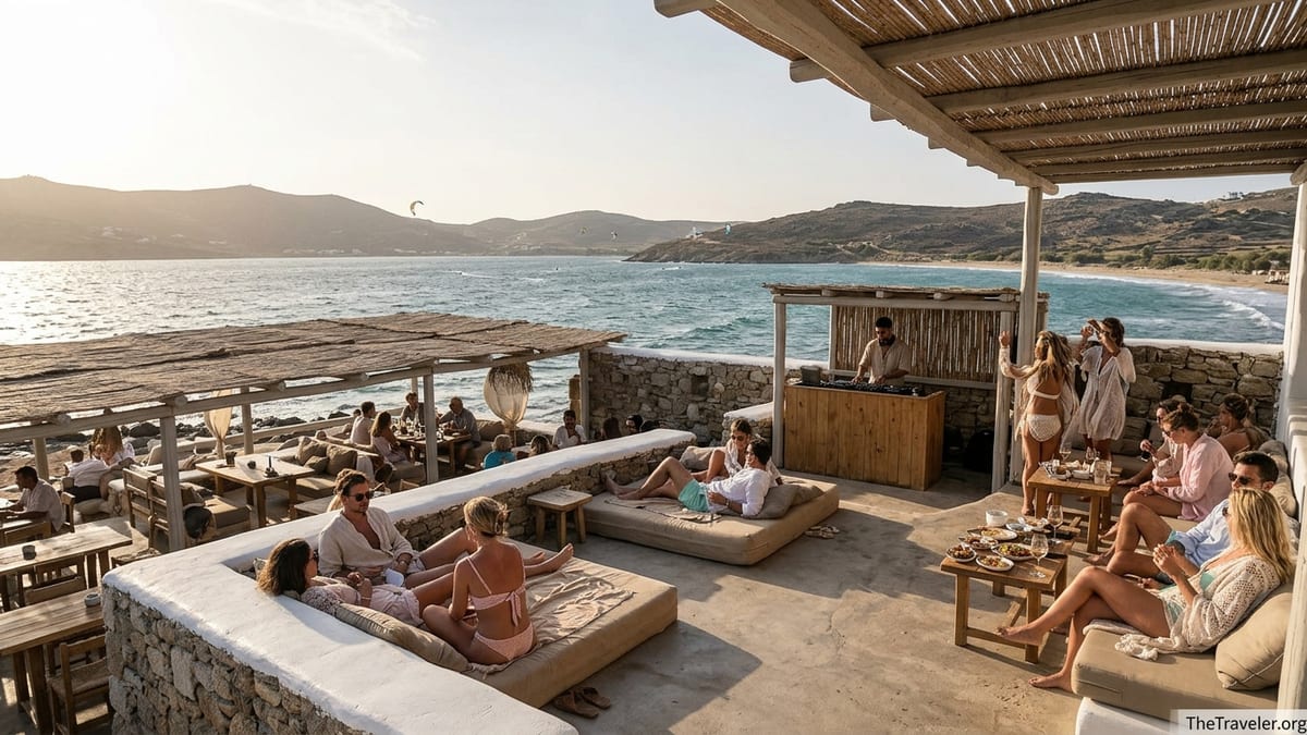 Bohemian crowd relaxing under reed canopies at Alemagou on Ftelia Beach at Mykonos sunset