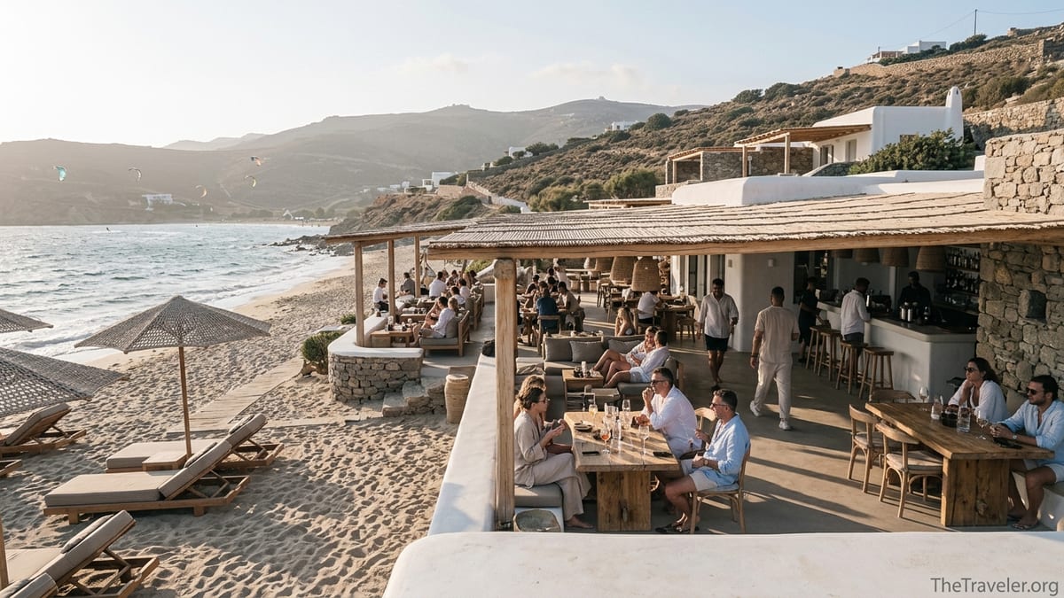 Golden hour at Alemagou beach club on Ftelia Beach in Mykonos with reed canopy, sunbeds, and the Aegean Sea beyond.