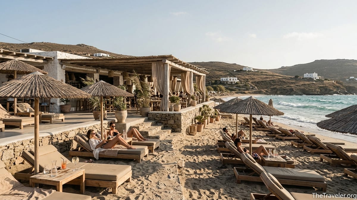Alemagou beach club on Ftelia Beach in Mykonos with sunbeds, reed roofs and waves on a windy afternoon.