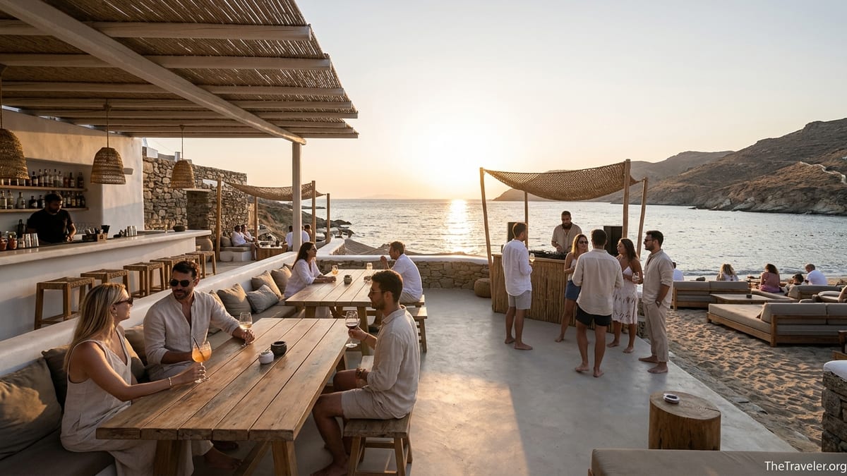 Sunset crowd at Alemagou on Ftelia Beach in Mykonos with DJ and cocktails