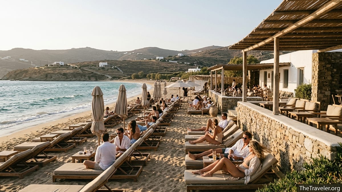 Bohemian-style Alemagou beach club on windy Ftelia Beach in Mykonos at golden hour.