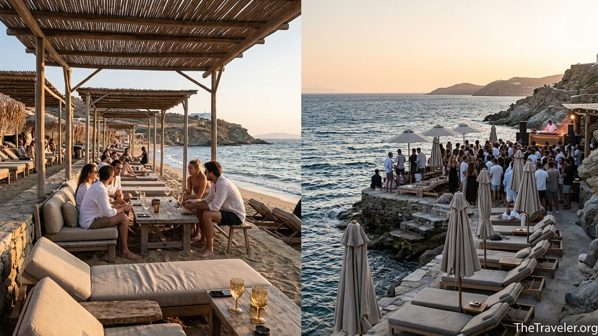 Golden hour view of two contrasting Mykonos beach club scenes along the Aegean shoreline.