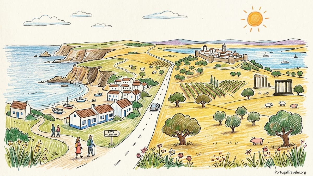 Sunrise over the Alentejo coast and inland plains with cliffs, vineyards and Alqueva lake.