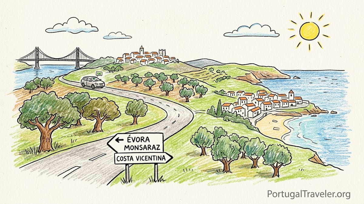 Empty Alentejo road past cork oaks and fields leading toward a distant hilltop village.