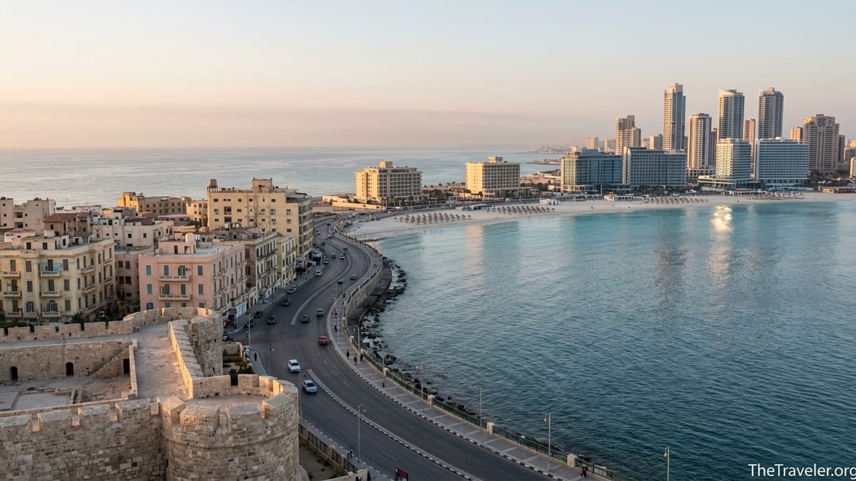 Alexandria’s historic corniche curving toward modern North Coast resorts along Egypt’s Mediterranean shore at sunrise.