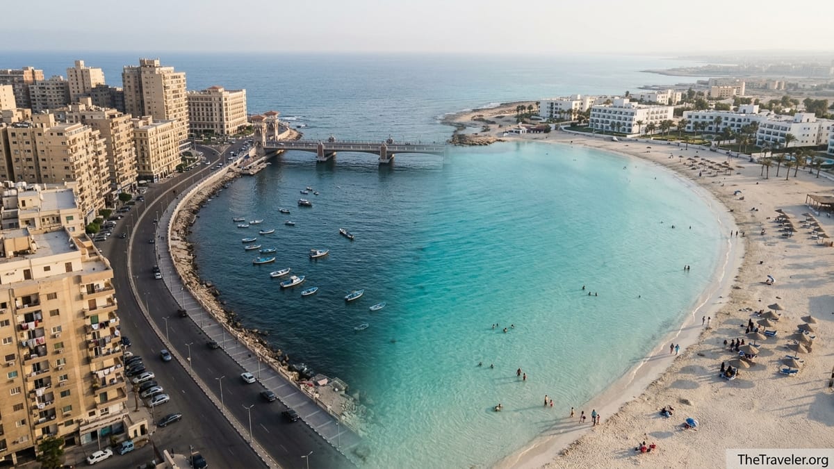 Aerial view contrasting Alexandria’s urban Corniche with Marsa Matruh’s turquoise lagoon and sandy crescent beach.