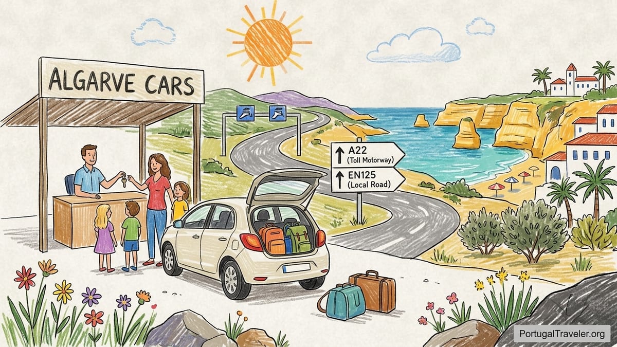 Rental car parked above Algarve cliffs on a winding coastal road at sunset.